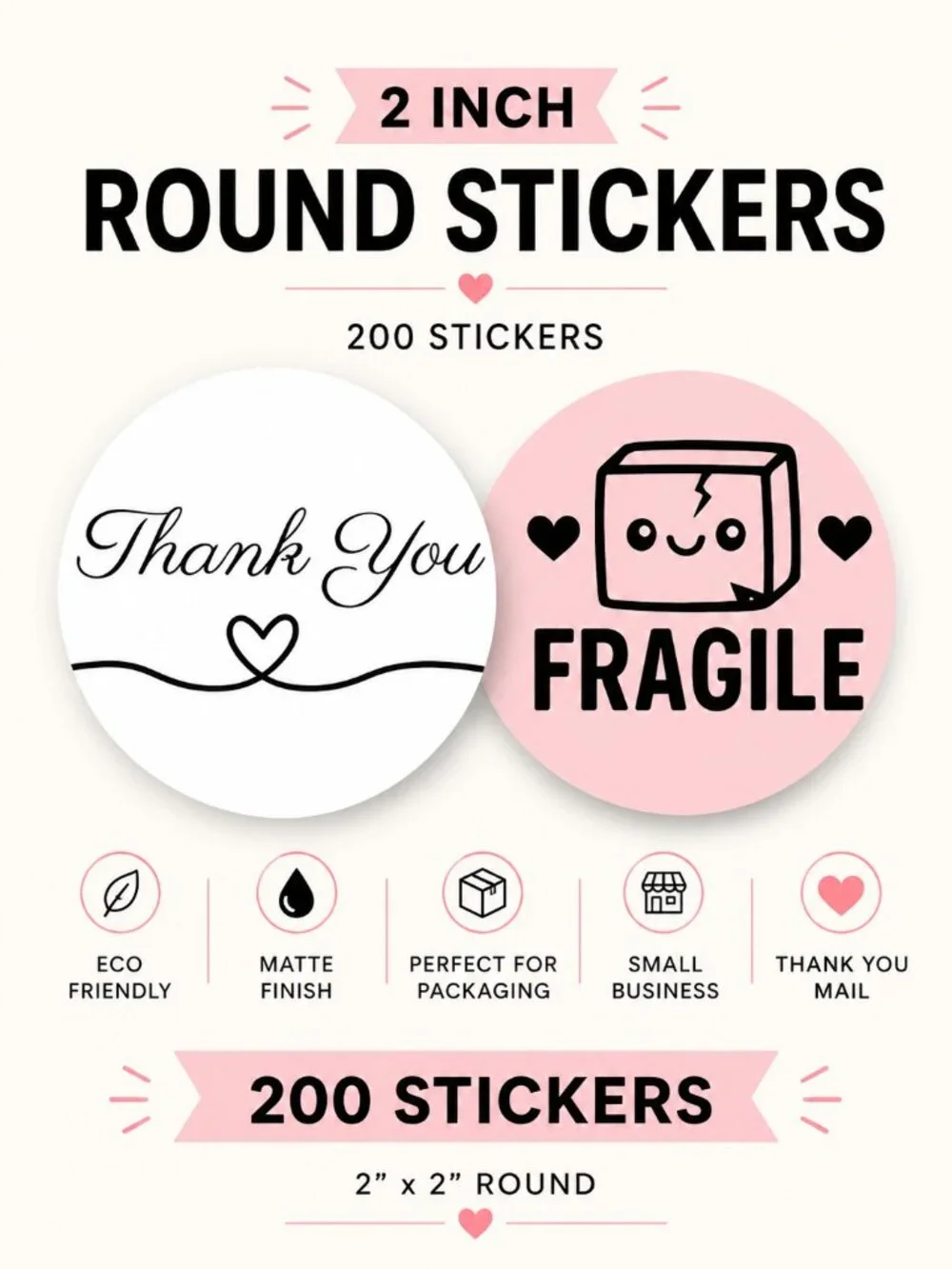 200 Thank You Fragile Packaging Sticker Bundle 2 Inch Round Pink/White Easy Peel
